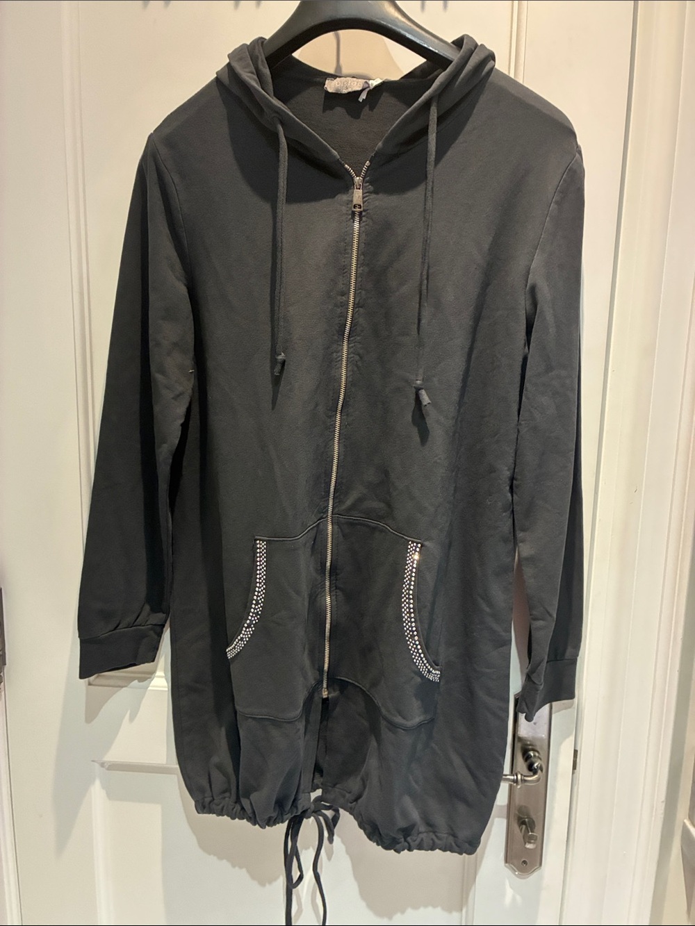 Women's Black Zip-Front Hoodie Dress with Drawstring - Picture 1 of 6